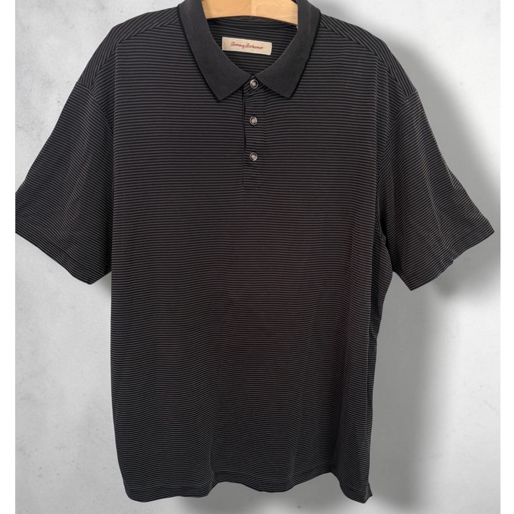 Tommy Bahama Mens XL Charcoal Grey Striped Modal Blend Short Sleeve Polo Shirt - Picture 2 of 5